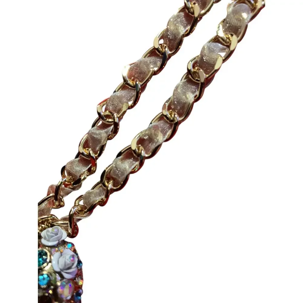 Betsey Johnson Ribbon Chain Collar Choker Crystal Pave Sugar Rose Skull Necklace
